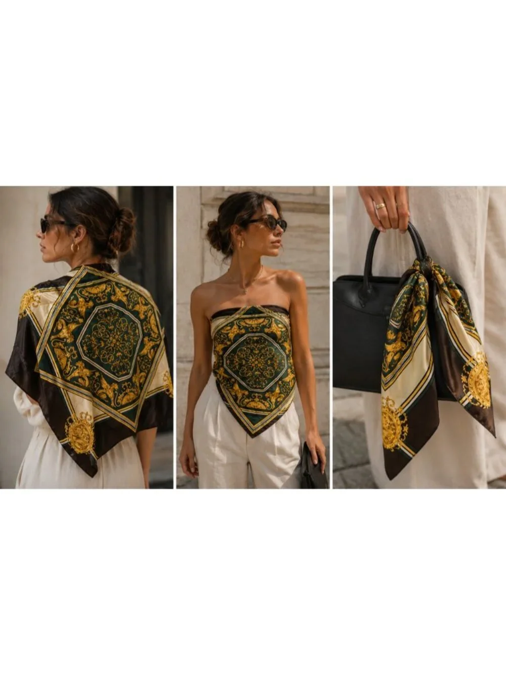 Gita Vintage Silk Scarf Baroque Griffin Medallion Green Gold Brown 30” Square